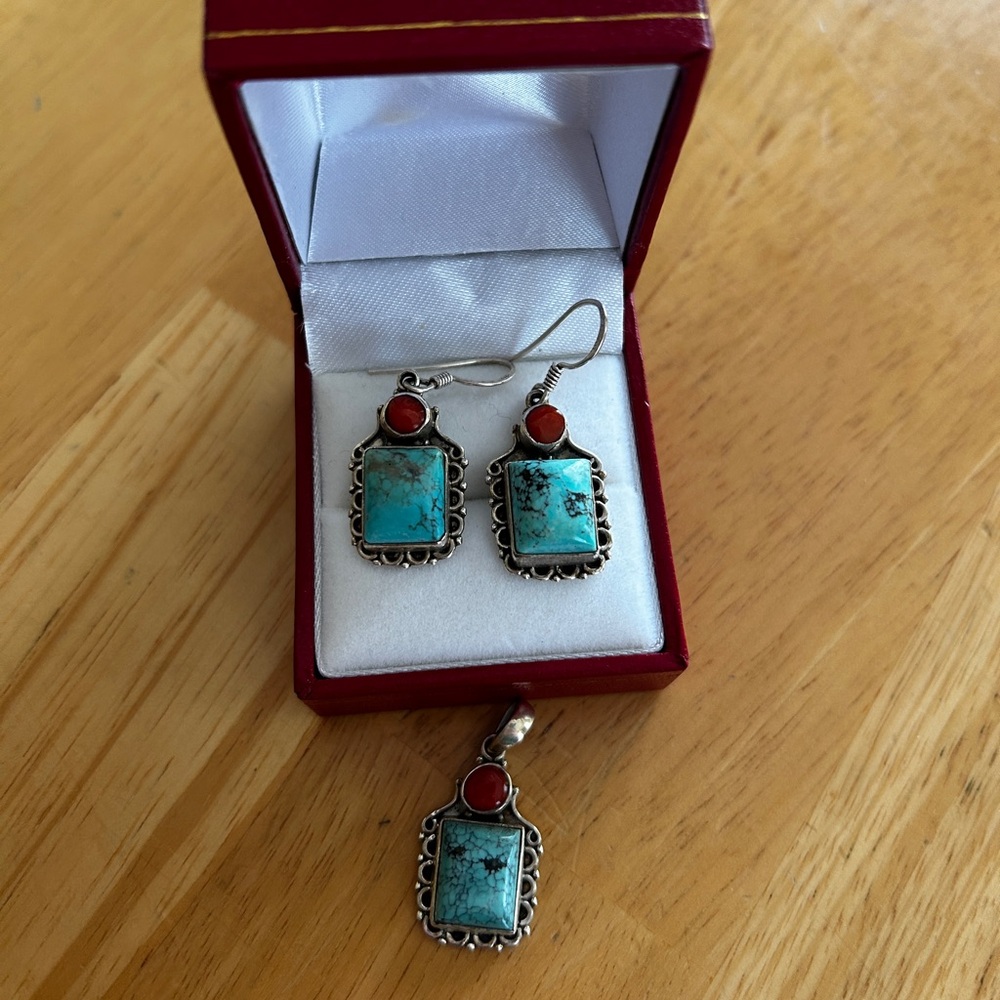 Turquoise and Red Color stone earrings and matching pendant